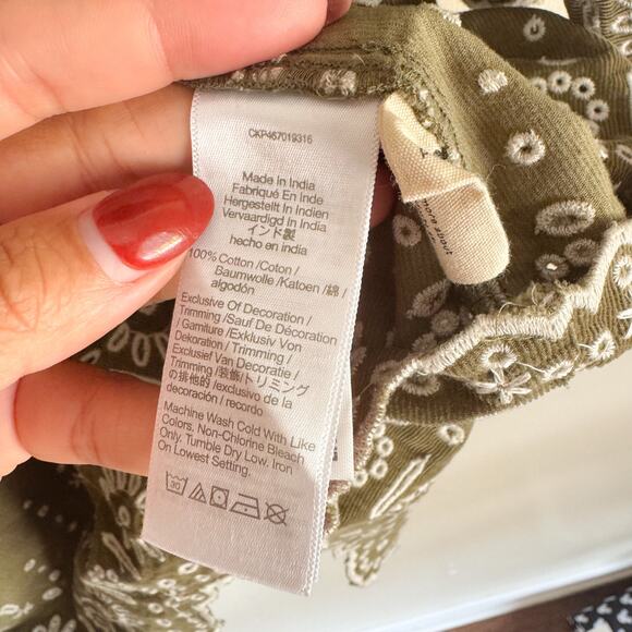 Madewell Green + White Embroidered Corduroy Square Neck Boho Mini Dress - Medium - Picture 6 of 11